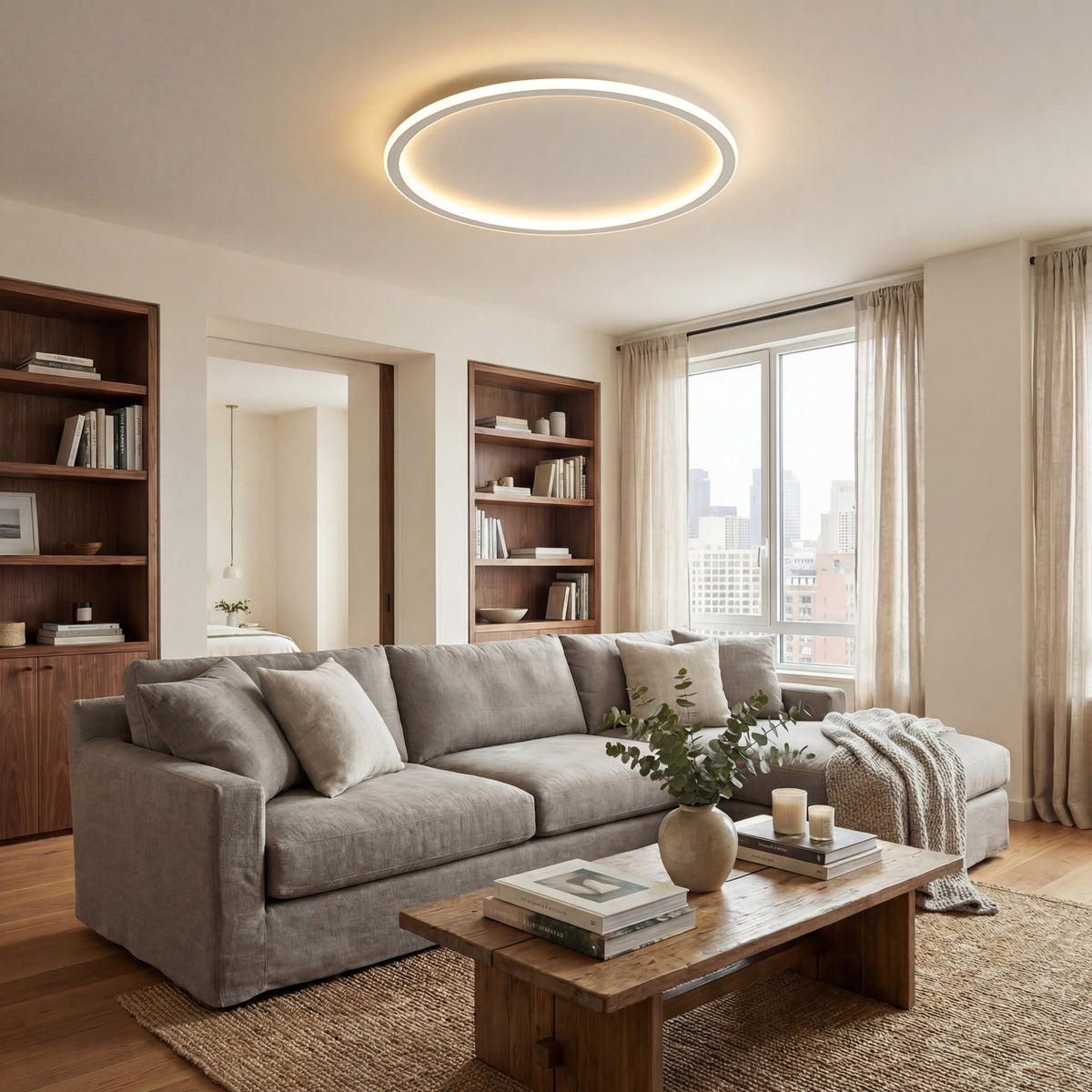 Ringlampa i taket i ett vardagsrum med grå soffa, träbord, bokhyllor och stort fönster. 5