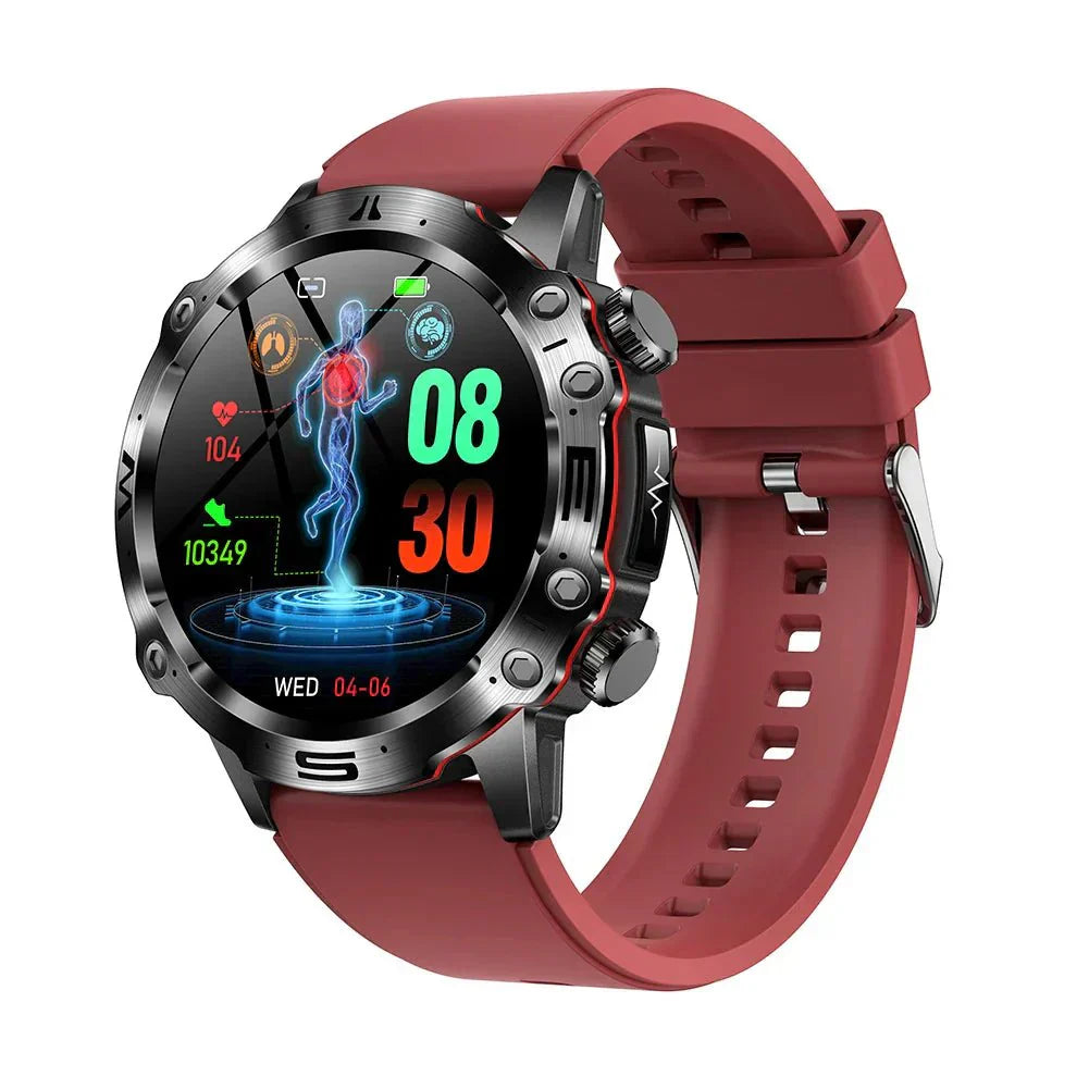 Rote Smartwatch mit rundem Display, Fitness-Tracker, Edelstahlgehäuse, Sportuhr, digital.