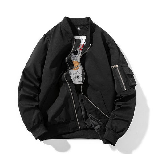 Schwarze Bomberjacke Herren, Reißverschluss, Baumwolle, lässig, modisch, Herbstmode.