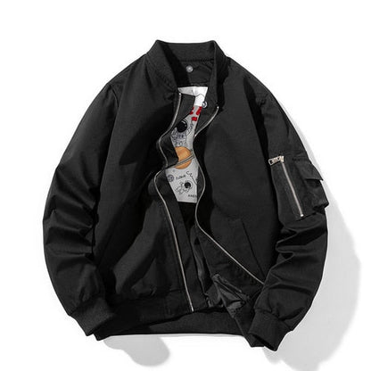 Schwarze Bomberjacke Herren, Reißverschluss, Baumwolle, lässig, modisch, Herbstmode.
