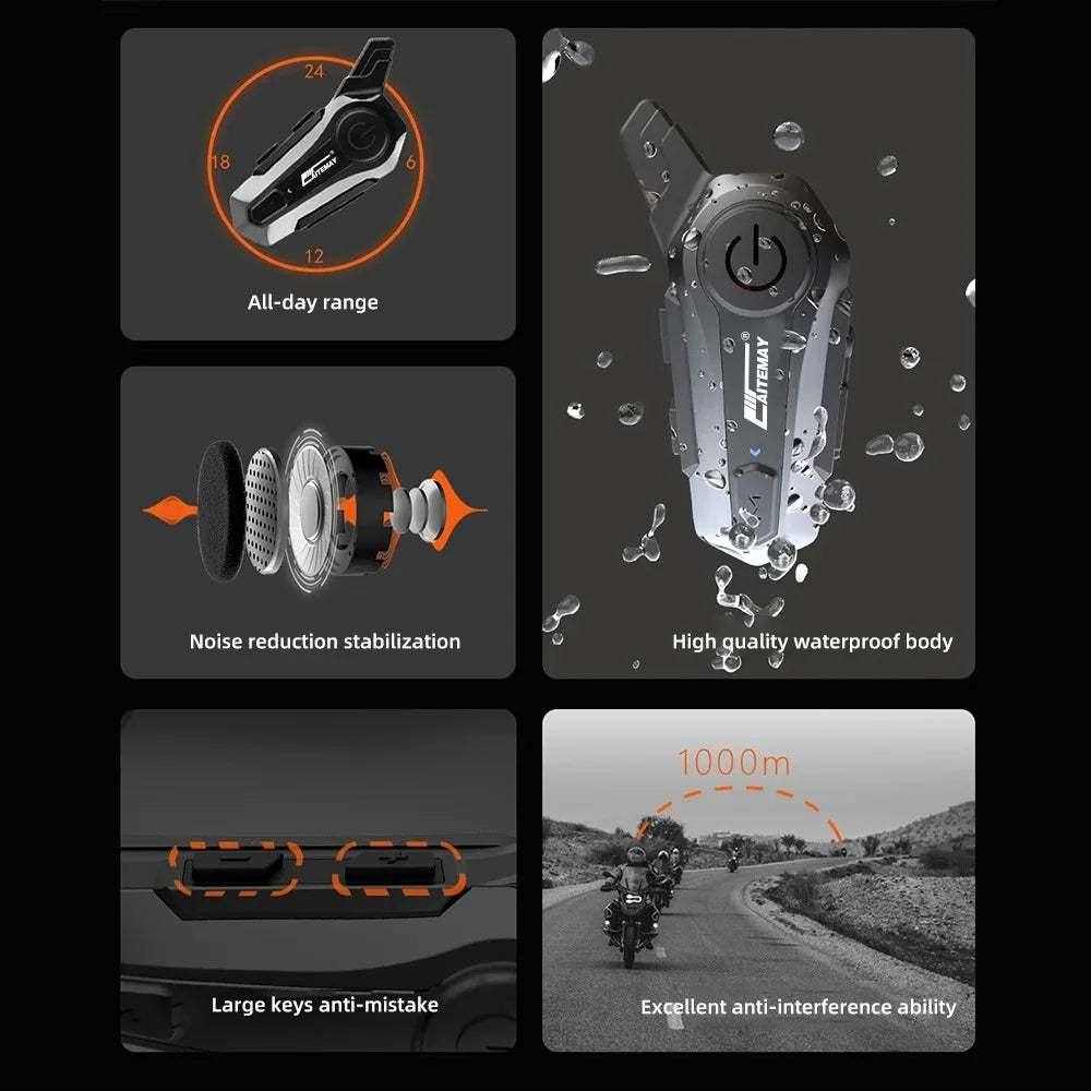 Bluetooth-intercom-headset för motorcykelhjälm med 1000 m räckvidd & IPX6-vattentät – RoadComm