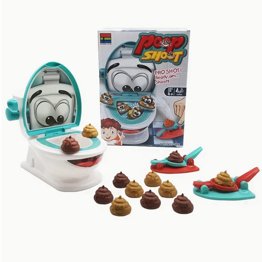 Spielzeug-Toilette mit Kackhaufen-Spiel, lustiges Kinderspiel, bunt, Kunststoff, Poop Shoot.