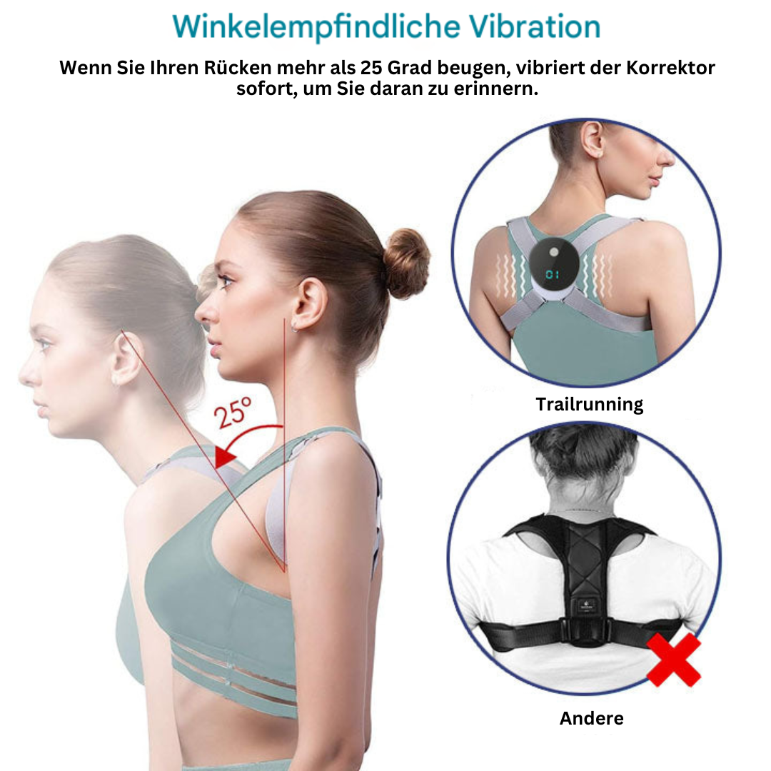 Frau mit Haltungskorrektor, graues Sporttop, Vibrationserinnerung, Haltungstraining.