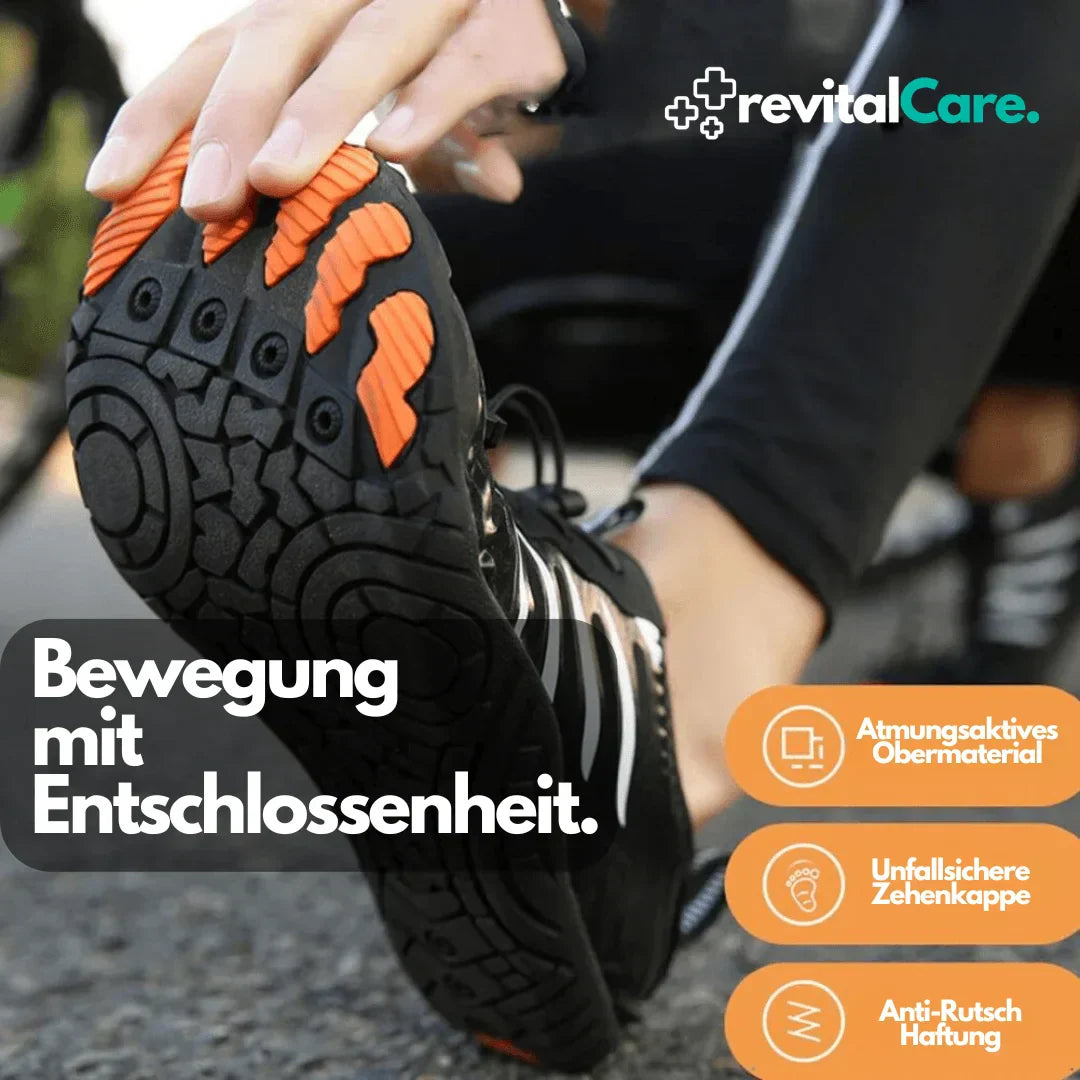 Schwarzer Sportschuh mit oranger Sohle, atmungsaktiv, rutschfest, Zehenschutz, Outdoor.