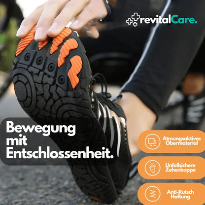 Schwarzer Sportschuh mit oranger Sohle, atmungsaktiv, rutschfest, Zehenschutz, Outdoor.