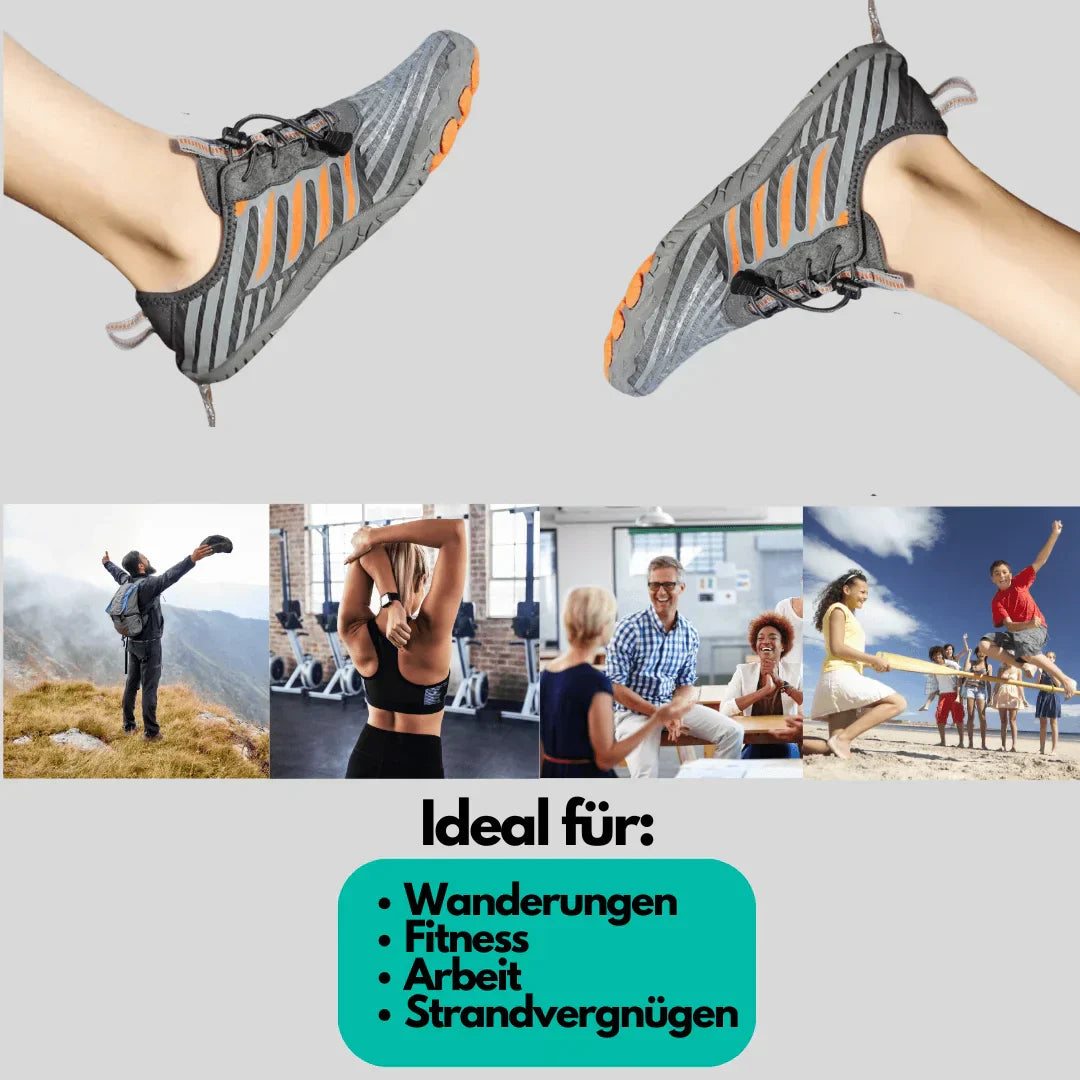 Graue Sportschuhe mit orangefarbenen Akzenten, ideal für Wandern, Fitness, Arbeit, Strand.