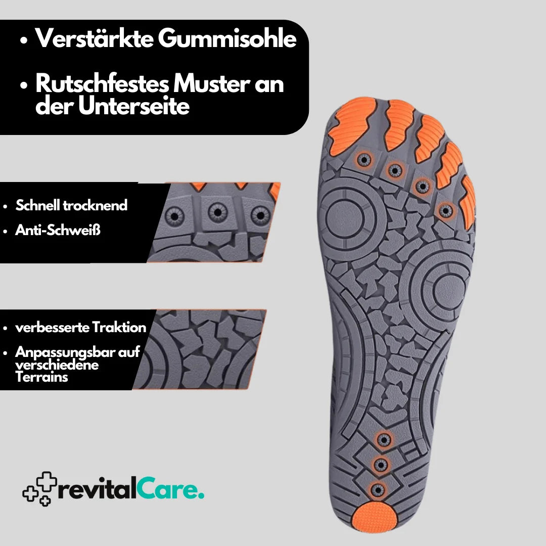 Graue Barfußschuhe mit orange Akzenten, rutschfeste Gummisohle, ideal für Outdoor-Aktivitäten.