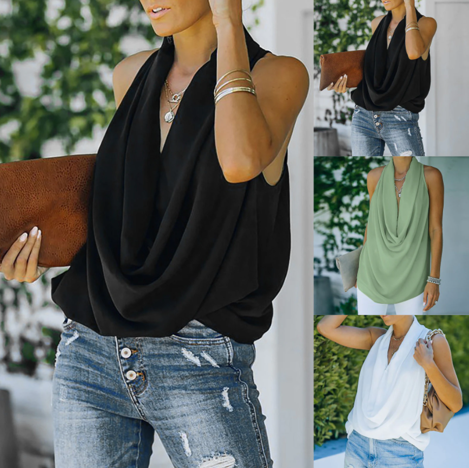 Frau in schwarzer ärmelloser Bluse, Jeans, braune Clutch, Mode, Sommeroutfit