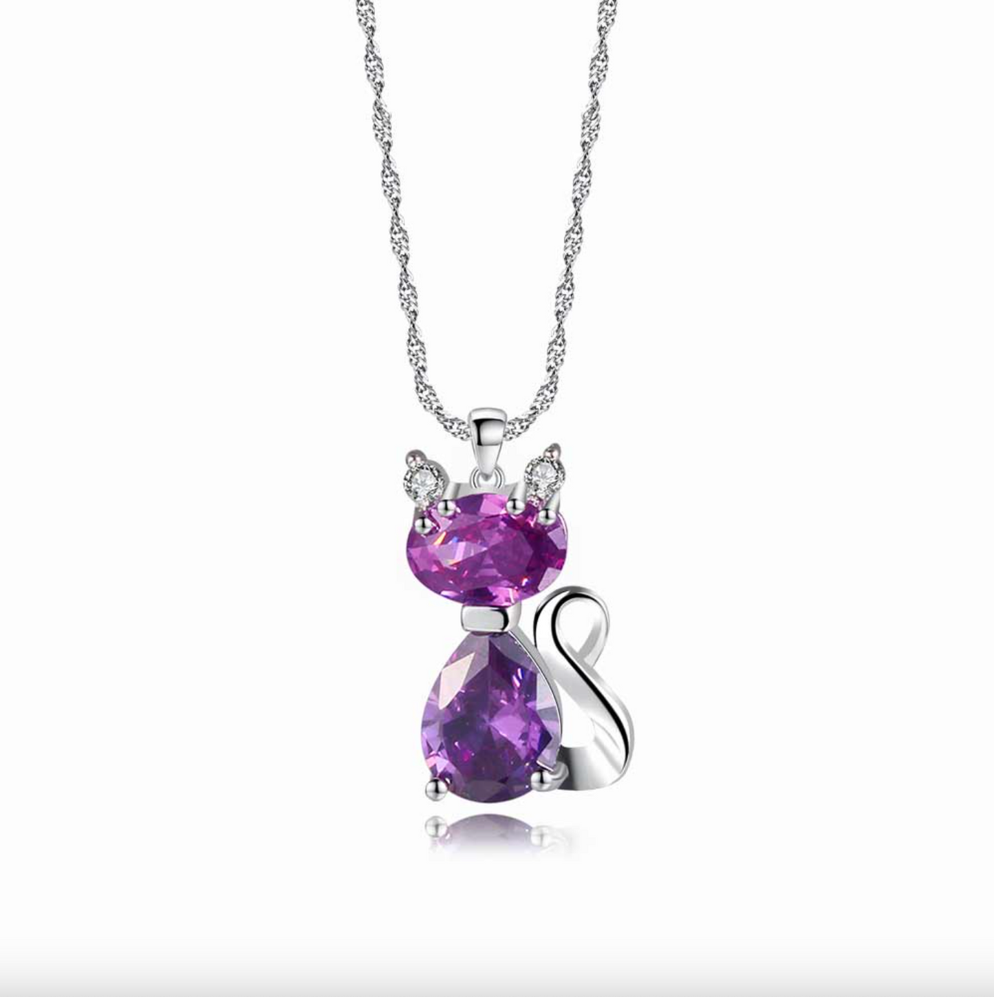 Silberne Katzenkette mit lila Kristallen, elegantes Schmuckstück, Damenaccessoire.