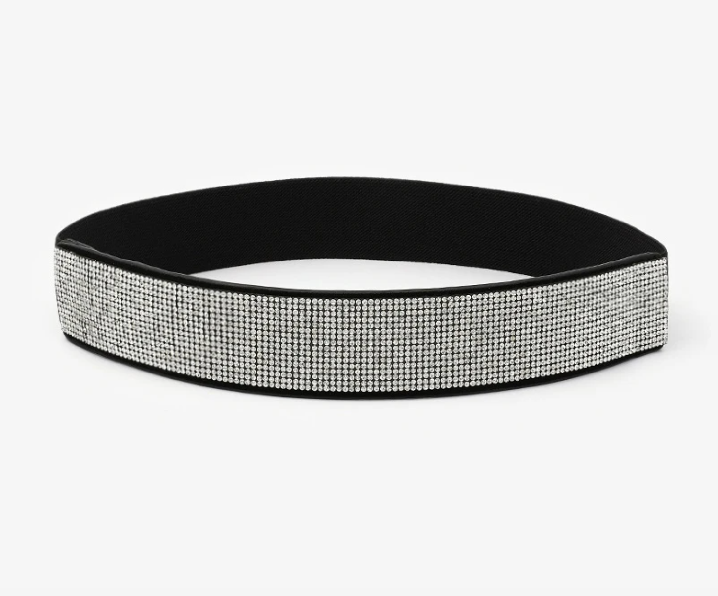 Schwarzes Stirnband mit silbernen Strasssteinen, elastisch, modisches Accessoire.