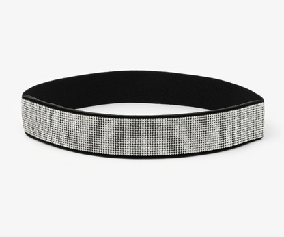 Schwarzes Stirnband mit silbernen Strasssteinen, elastisch, modisches Accessoire.