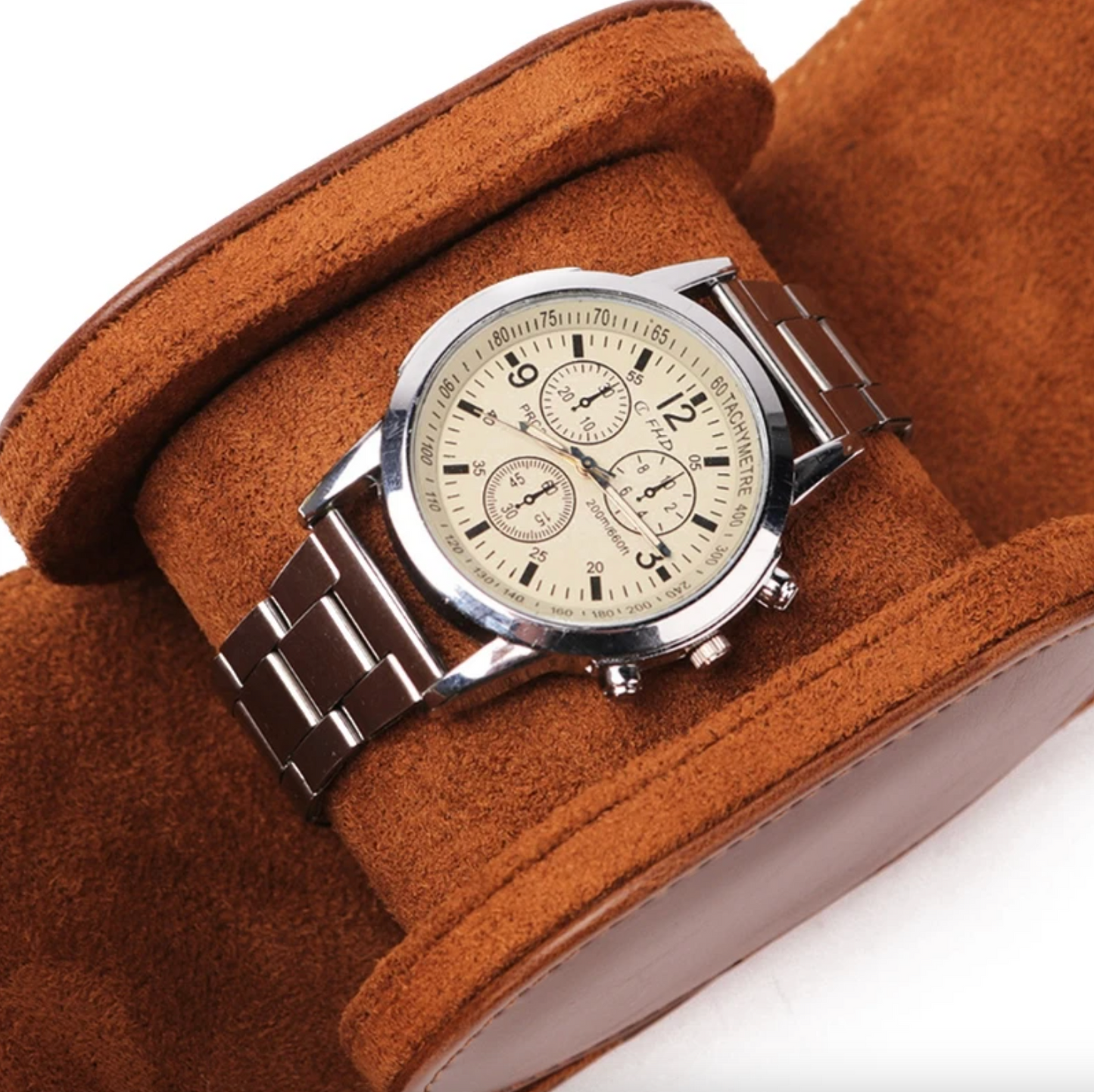 Luxus Herrenarmbanduhr, Edelstahlgehäuse, braunes Zifferblatt, Chronograph, Lederetui.
