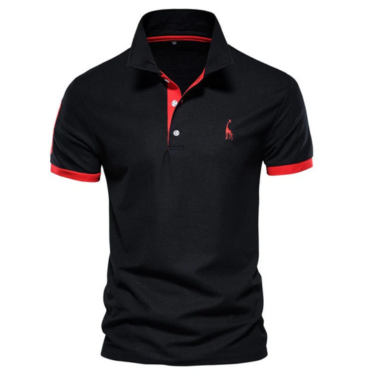 Schwarzes Polohemd mit rotem Kragen und Logo, Herrenmode, Baumwolle, Kurzarm.