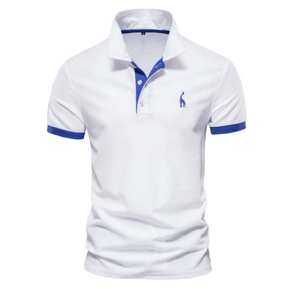 Weißes Herren-Poloshirt mit blauen Akzenten, Kurzarm, Baumwolle, klassischer Kragen.