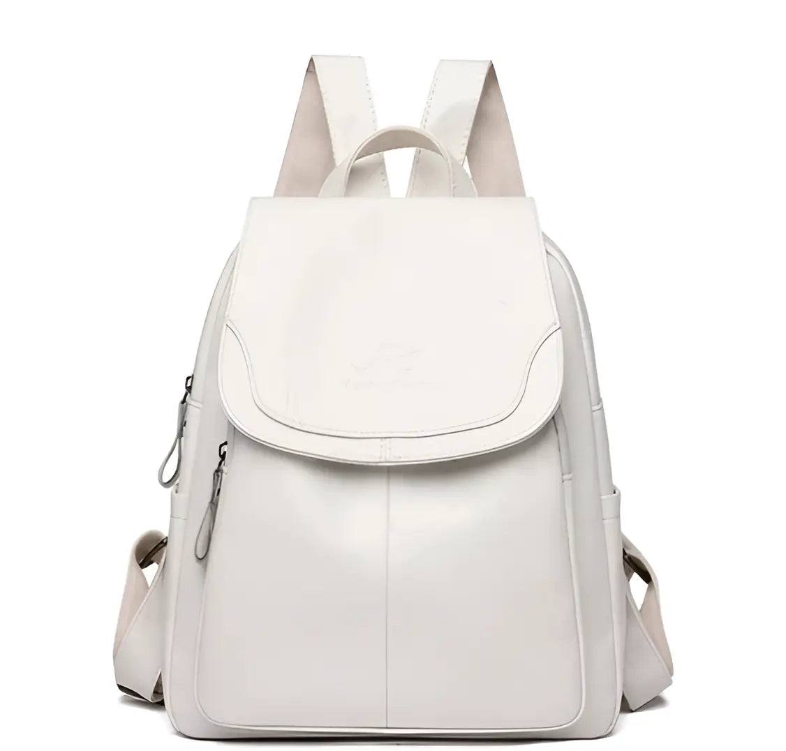 Weißer Lederrucksack mit Reißverschlüssen, stilvolles Design, ideal für Damen.