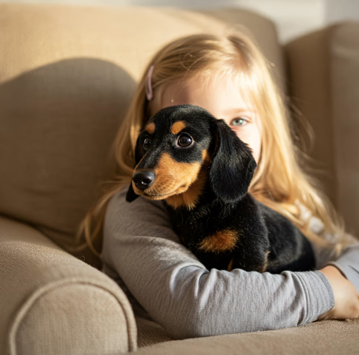 Barn med långt ljust hår sitter i en beige soffa och håller om en svart mjuk tax. 9