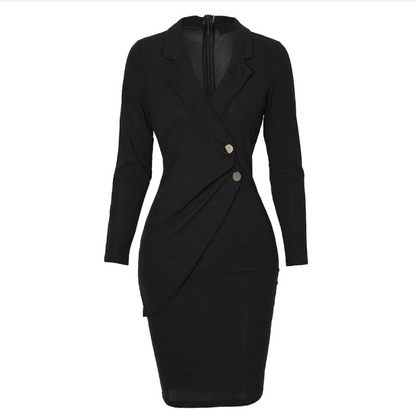 Schwarzes Damenkleid, elegantes Design, Langarm, Knopfleiste, Business-Mode, knielang.