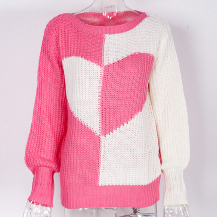 Rosa und weißer Strickpullover mit Herzmotiv, Damenmode, gemütlicher Winterpullover.