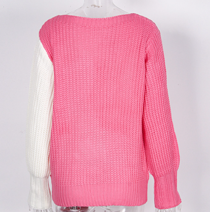 Rosa Strickpullover mit weißem Ärmel, Damenmode, gemütlich, Herbst/Winter, Baumwolle.