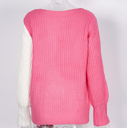 Rosa Strickpullover mit weißem Ärmel, Damenmode, gemütlich, Herbst/Winter, Baumwolle.