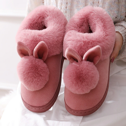 Rosa Plüsch-Hausschuhe mit Hasenohren und Bommel, Damen, warm, gemütlich, Wintermode.