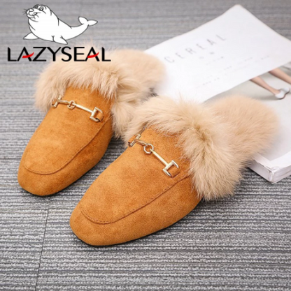 Braune Wildleder-Pantoffeln mit Kunstfell, modisch, bequem, Damen-Hausschuhe, Lazyseal.