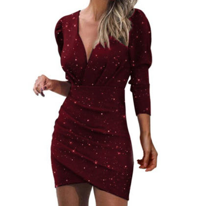 Funkelndes rotes Partykleid mit V-Ausschnitt und langen Ärmeln für Damen.