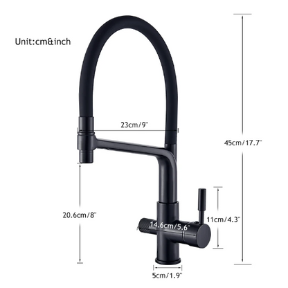 Schwarzer Küchenarmatur, hoher Auslauf, Einhebelmischer, Maße in cm und Zoll.