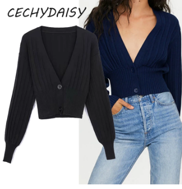 Schwarzer Damen-Strickcardigan, V-Ausschnitt, Knöpfe, langärmelig, modisch, Cechydaisy.
