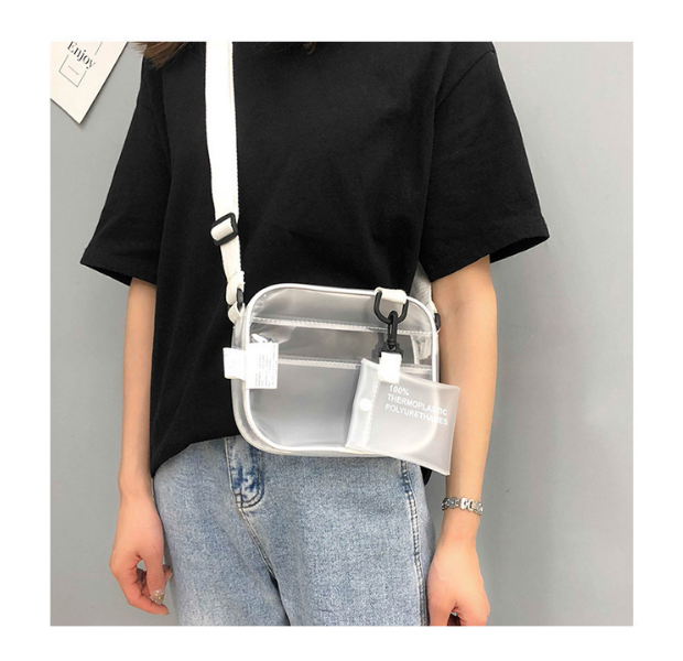Transparente Umhängetasche aus PVC, modisch, mit weißem Riemen, ideal für den Alltag.