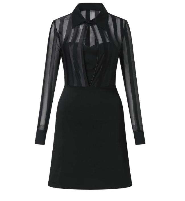 Schwarzes Kleid mit transparenten Ärmeln, elegantes Design, Damenmode, Abendkleid.