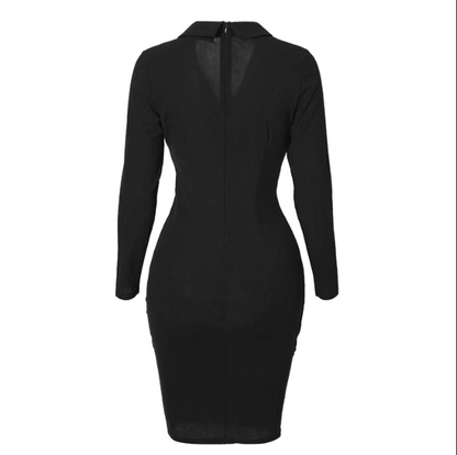 Schwarzes, figurbetontes Damenkleid mit langen Ärmeln, Reißverschluss hinten, elegantes Design.