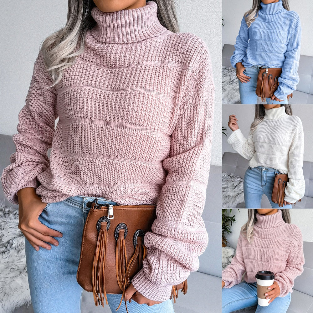 Damen Strickpullover Rollkragen, rosa, blau, weiß, lässig, warm, modisch, Herbst Winter Mode.