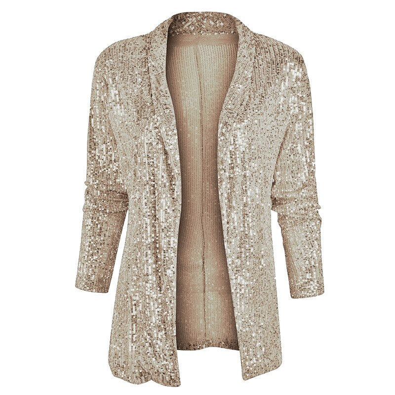 Goldene Paillettenjacke, langärmelig, offen, festlich, Damenmode, Glitzer, elegant.