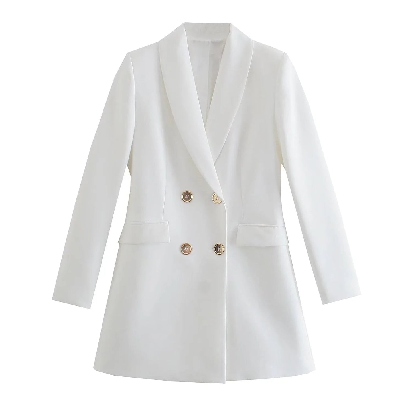 Weiße Damenblazer-Jacke, zweireihig, elegantes Design, Knöpfe, formelle Damenmode.