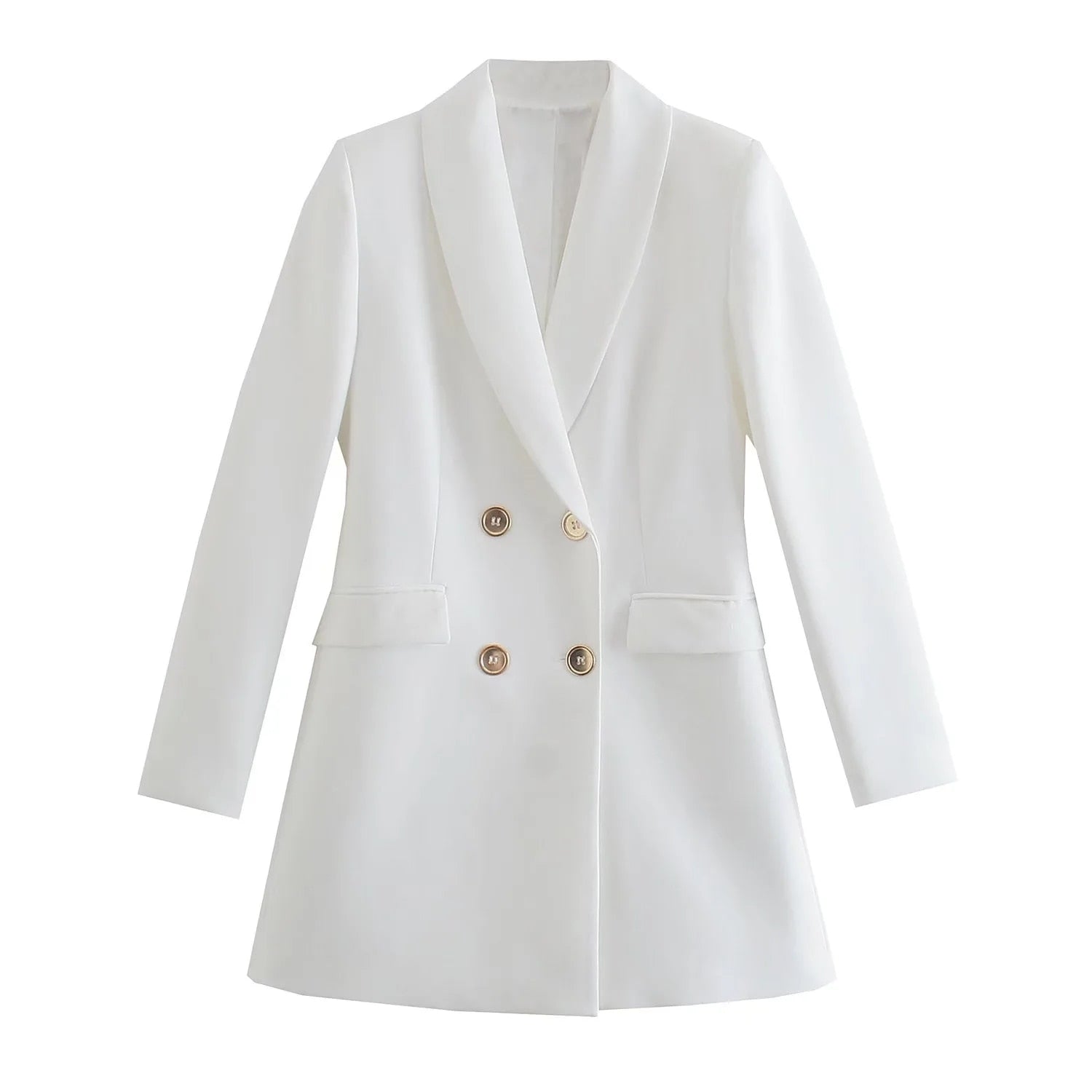Weiße Damenblazer-Jacke, zweireihig, elegantes Design, Knöpfe, formelle Damenmode.