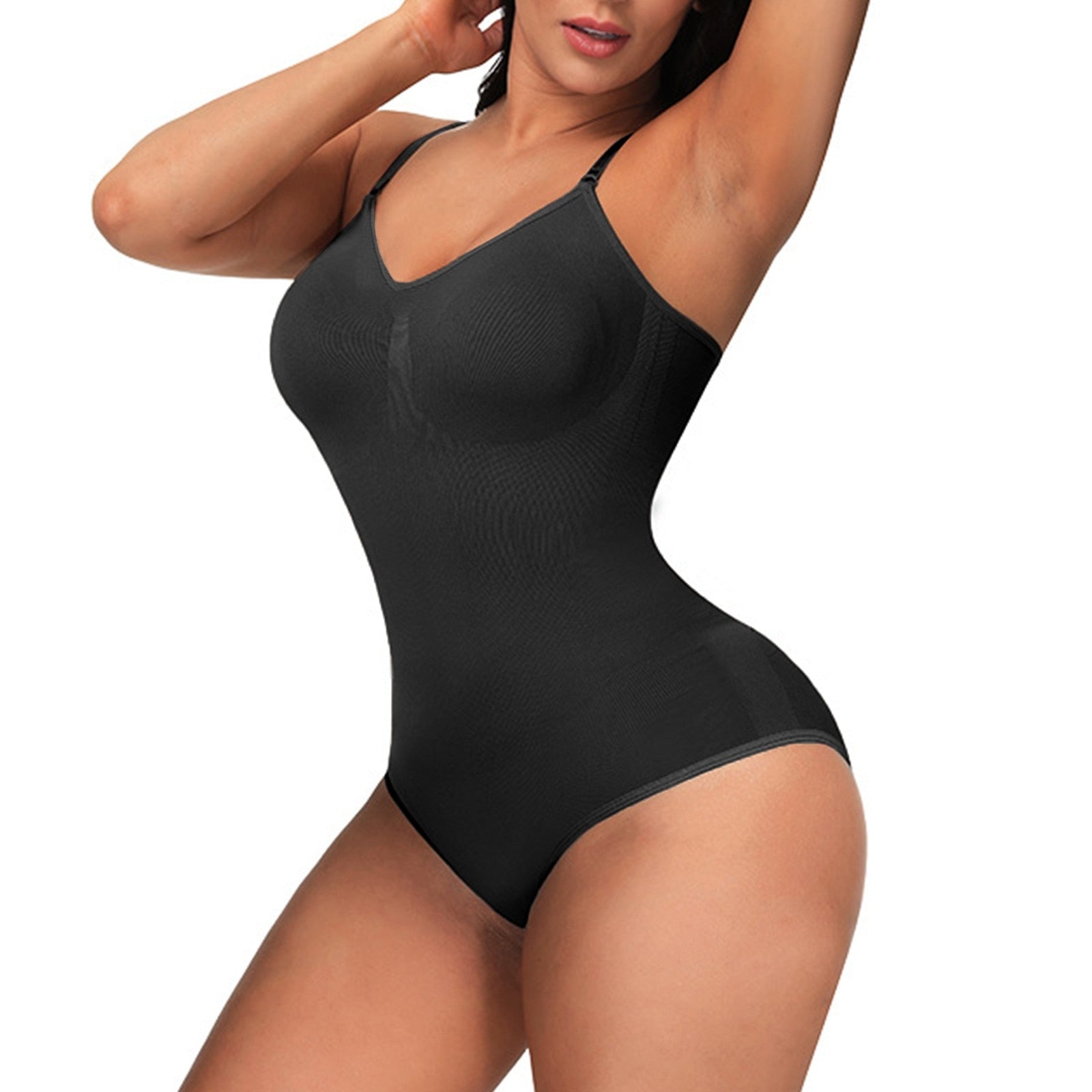 Schwarzer nahtloser Damen-Body, figurformend, verstellbare Träger, elastisches Material.