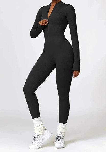 Schwarzer Damen-Jumpsuit, langärmelig, figurbetont, Reißverschluss, modisch, bequem.
