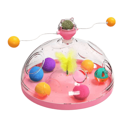 Katzenspielzeug interaktiv, rosa, mit Bällen und Federn, transparent, für Unterhaltung und Bewegung.