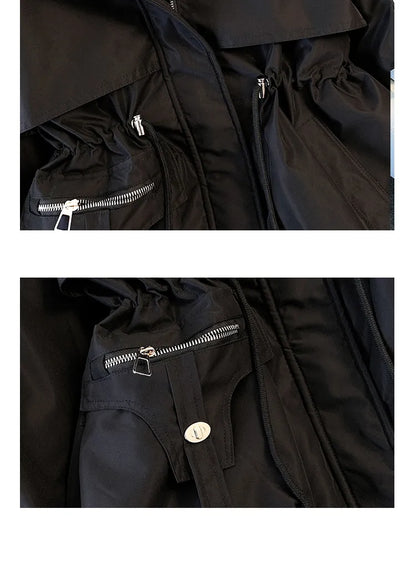 Schwarze Jacke mit Reißverschlusstaschen, modisch, funktional, Outdoor-Bekleidung.