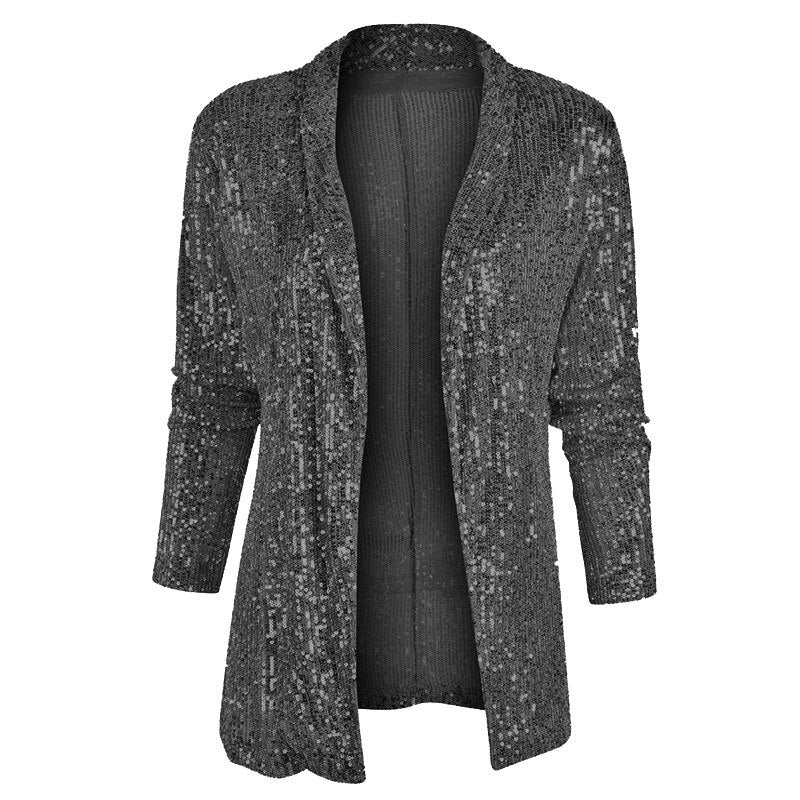 Grauer Pailletten-Cardigan für Damen, langärmelig, festlich, glänzend, modisch.