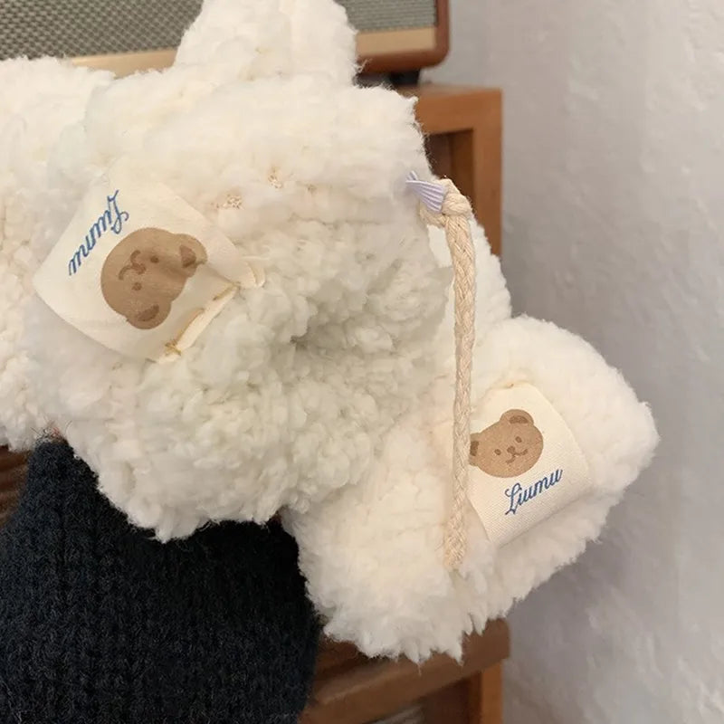 Weiße Plüschhandschuhe mit Bärenmotiv, warm, weich, Winteraccessoire, Damenmode.