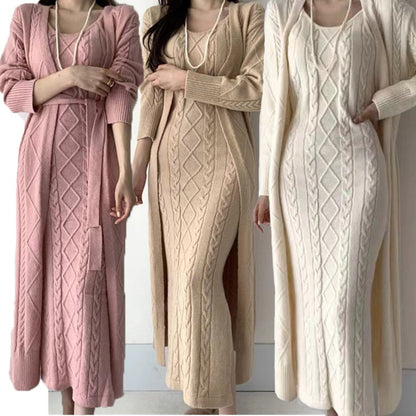 Damen Strickkleid Set, lang, Zopfmuster, rosa, beige, weiß, elegant, Herbstmode.
