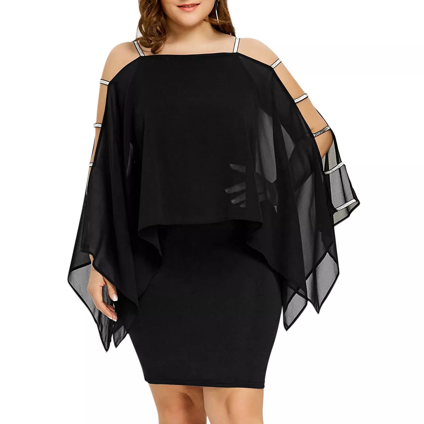 Schwarzes Damenkleid mit transparentem Cape, schulterfrei, elegantes Design, Plus-Size-Mode.