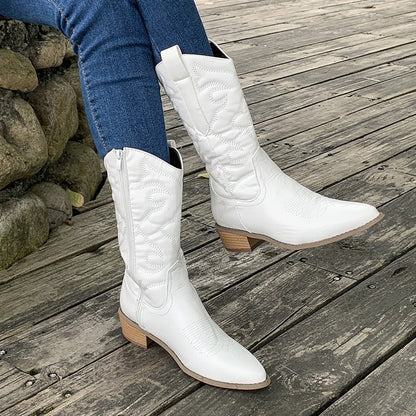 Weiße Cowboystiefel aus Leder, Damenmode, spitzer Absatz, Outdoor, modisch, bequem.