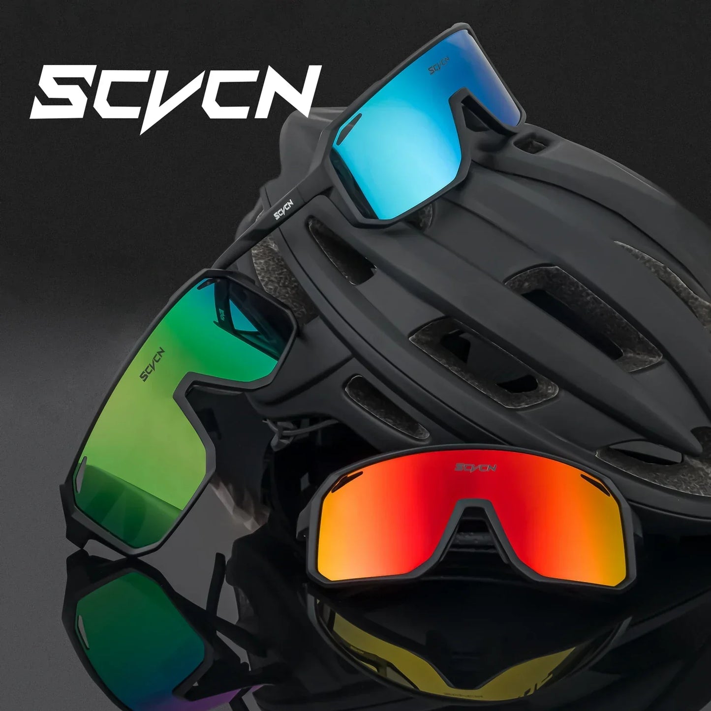 SCVCN Sportbrillen mit verspiegelten Gläsern auf schwarzem Fahrradhelm, Outdoor-Ausrüstung.