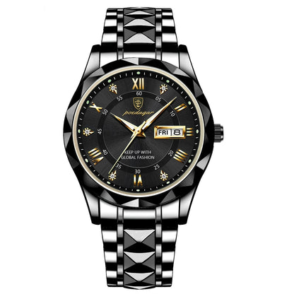 Luxus Herrenarmbanduhr, schwarz, Edelstahl, analog, römische Ziffern, Datum, modisch