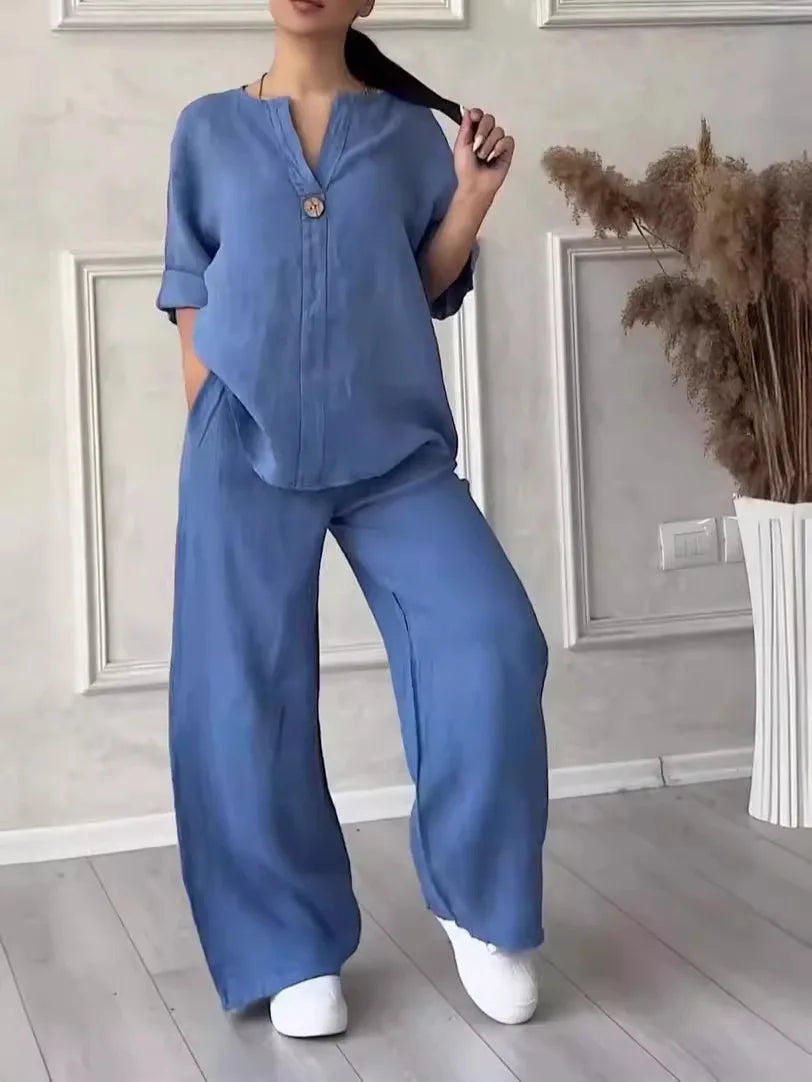 Höstligt och stilrent set med blus och vida byxor i linne – Melina
