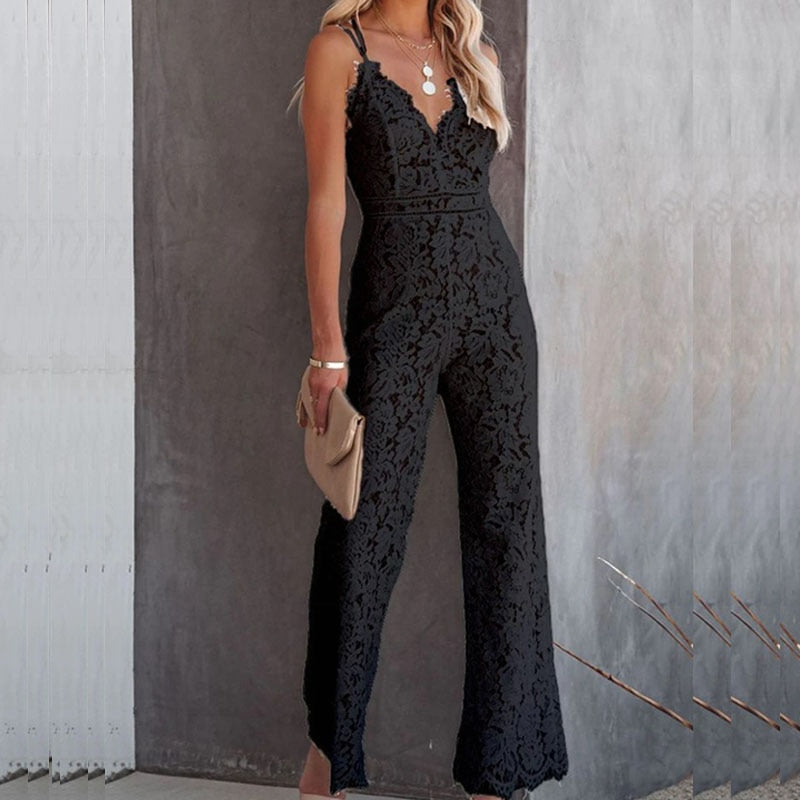 Schwarzer Spitzen-Jumpsuit Damen, ärmellos, elegantes Design, Abendmode, Party-Outfit.