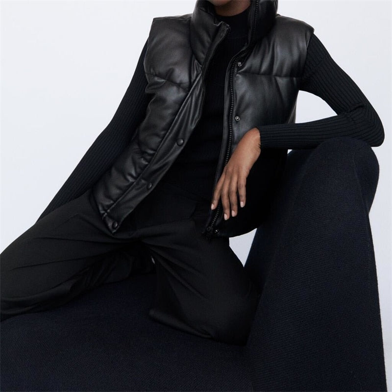 Schwarze Lederweste für Damen, ärmellos, modisch, Herbstmode, elegant, vielseitig.
